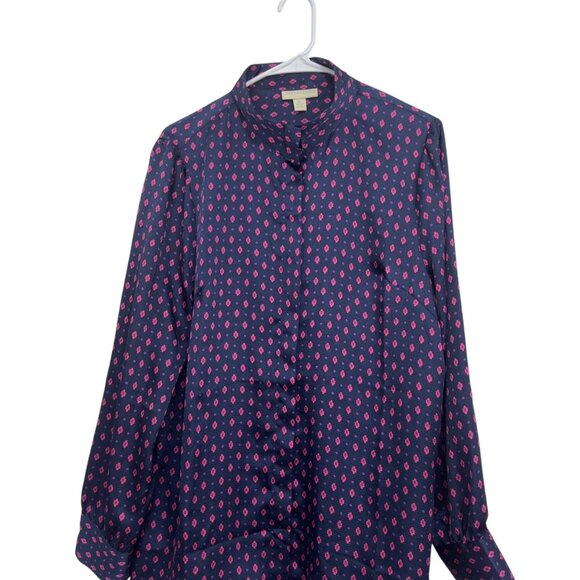 Appleseeds Womens Satin Navy & Pink Patterned Button-Down Blouse SZ 16 High Neck - Picture 2 of 13